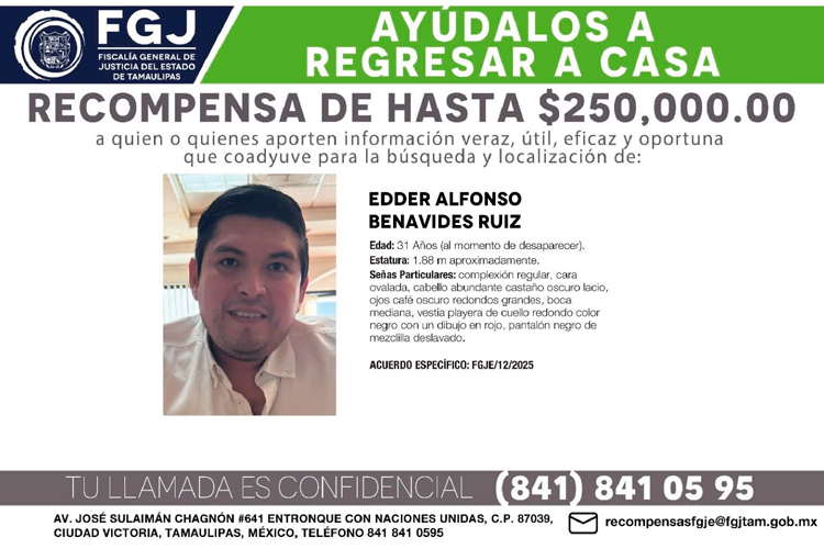 Fiscalía ofrece $250 mil por encontrar a Edder Alfonso